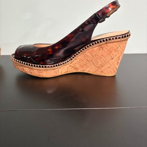 Stuart Weitzman Patent Leather Wedges Platform Peep Toe Tortoise Shell Size 9.5 - Picture 7 of 9